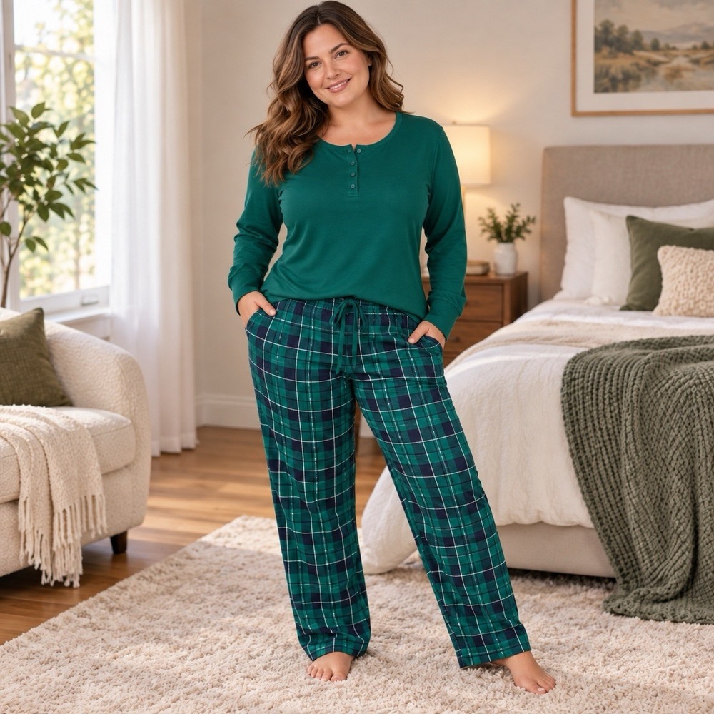 L.L.Bean Women 2X Pajama Set Green Cotton Henley Top Plaid Pants Plus Size
